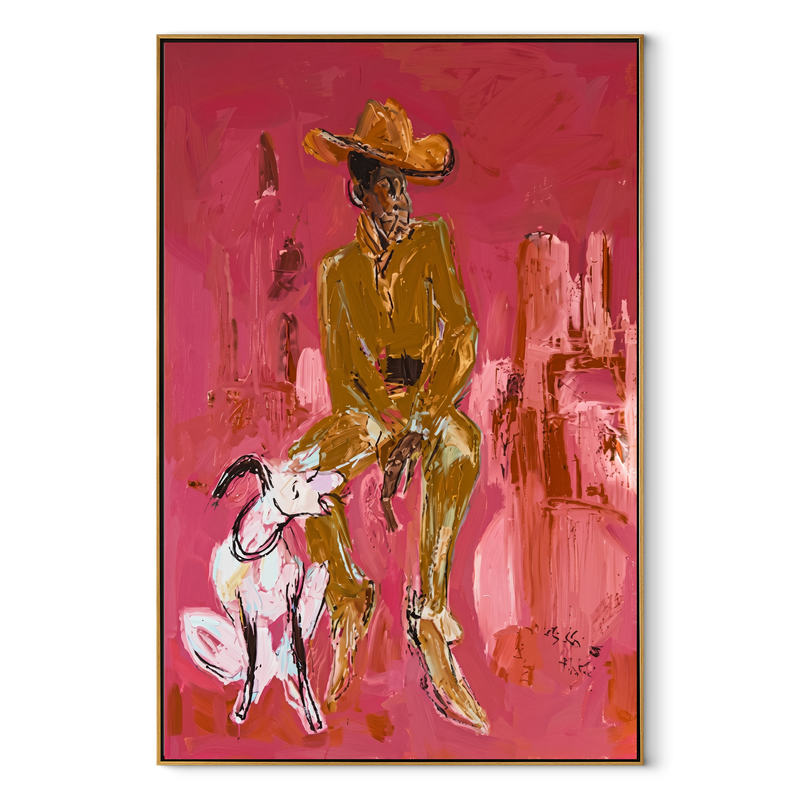 White Dog Waits Below – Cowboy and Dog Painting | Contemporary Western Vertical Wall Art