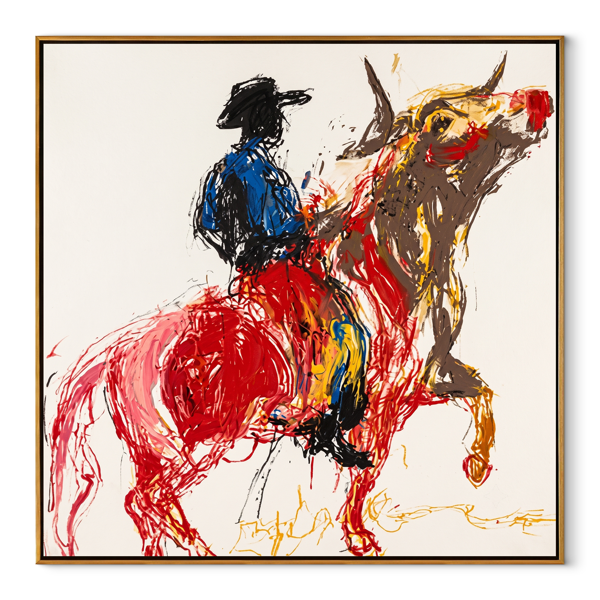 Red Horse Climbs Air Western figurative painting, square canvas artwork