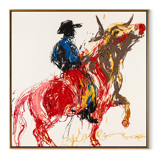 Red Horse Climbs Air – Blue Cowboy Horse Painting | Contemporary Western Square Wall Art