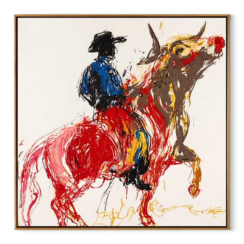 Red Horse Climbs Air – Blue Cowboy Horse Painting | Contemporary Western Square Wall Art