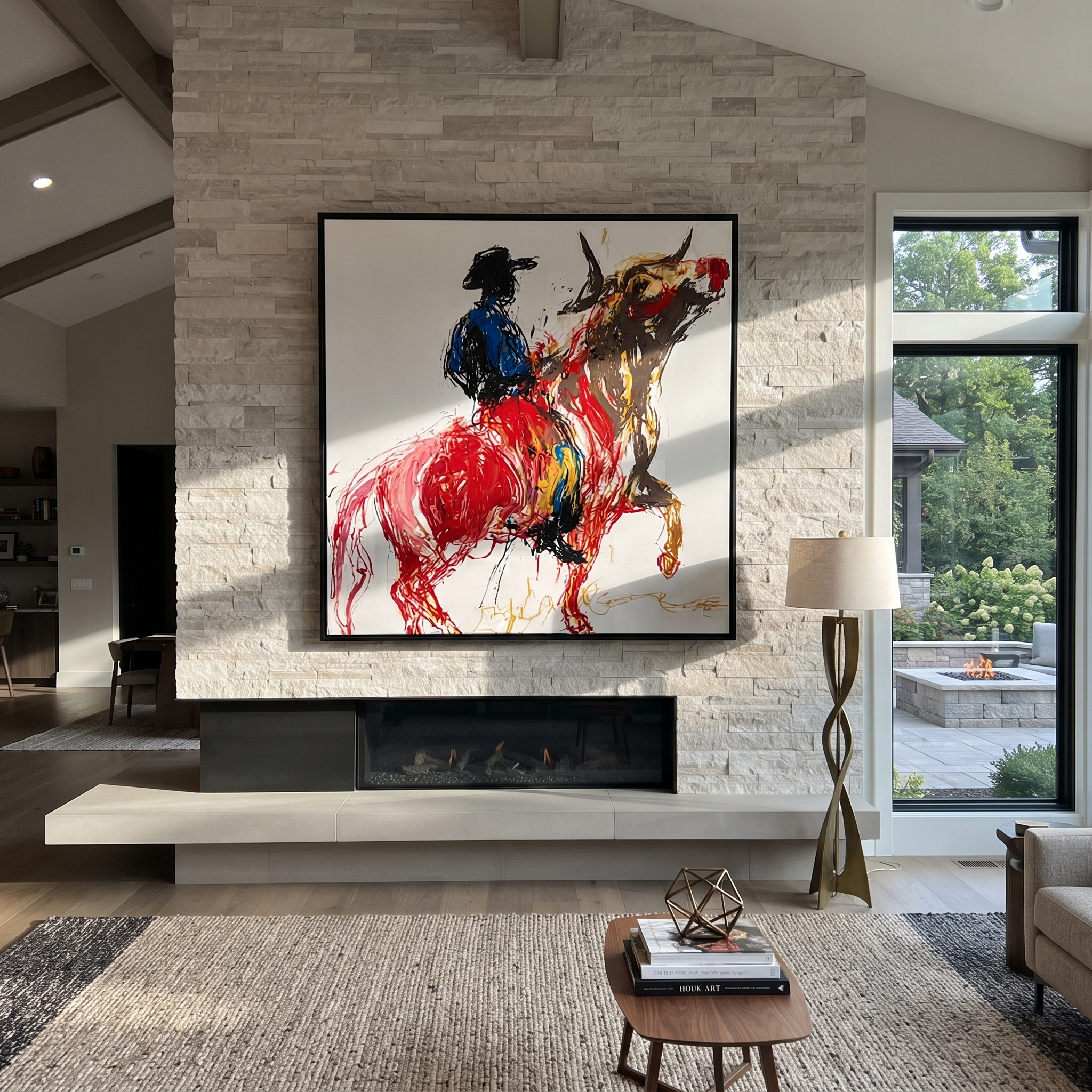 Red Horse Climbs Air displayed in a layered residential setting