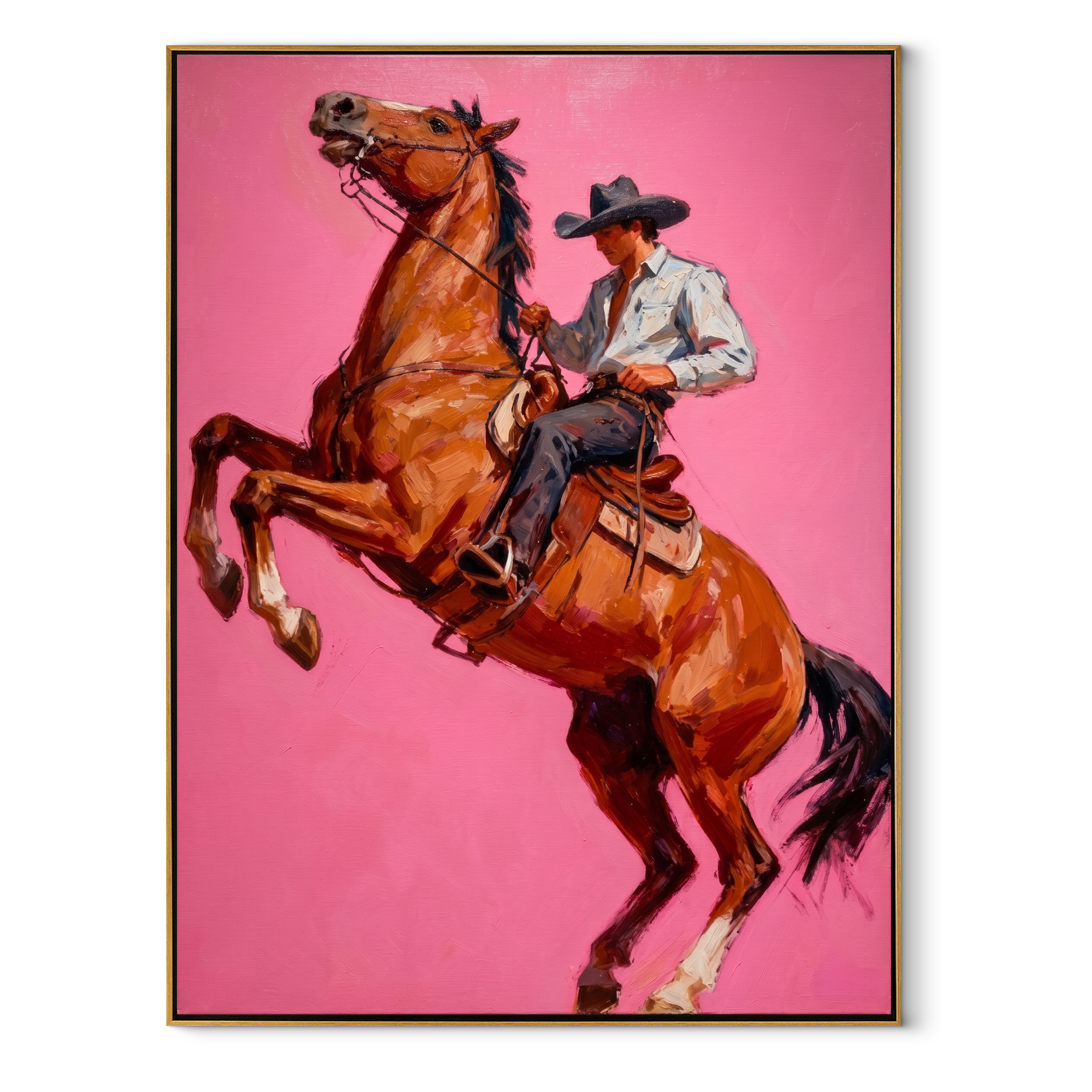 Chestnut Hooves Break Pink Western figurative painting, vertical canvas artwork