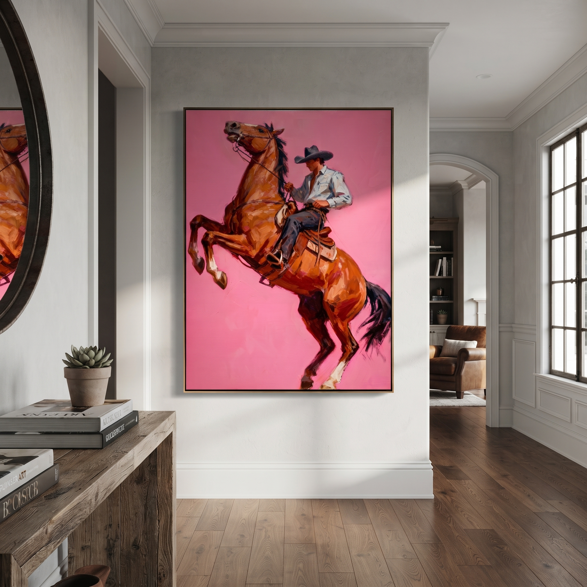 Chestnut Hooves Break Pink styled with wood, linen, and modern decor