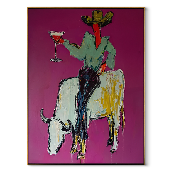 White Horns Carry Evening – Cowboy on White Longhorn Painting | Contemporary Western Vertical Wall Art