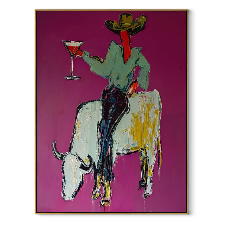 White Horns Carry Evening – Cowboy on White Longhorn Painting | Contemporary Western Vertical Wall Art
