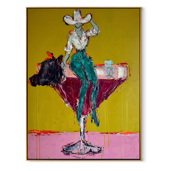 Turquoise Legs Balance Crimson – Cowgirl Martini Glass Painting | Contemporary Western Vertical Wall Art