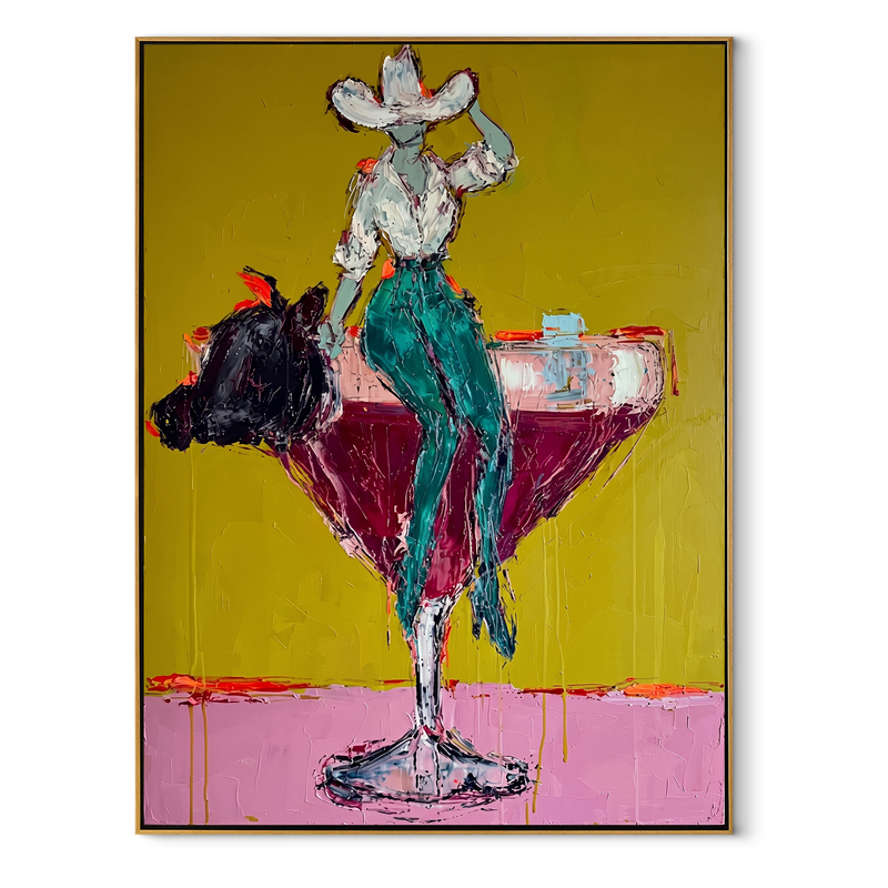 Turquoise Legs Balance Crimson – Cowgirl Martini Glass Painting | Contemporary Western Vertical Wall Art