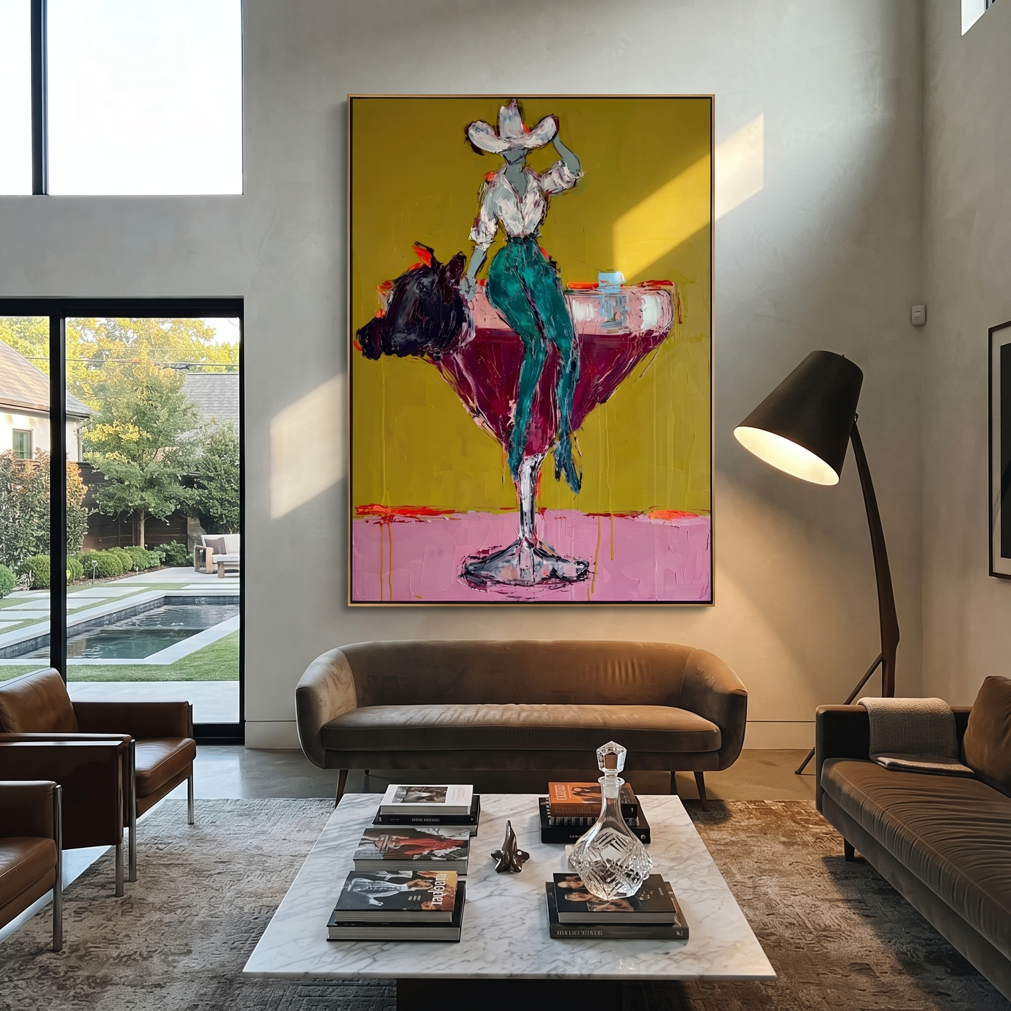 Turquoise Legs Balance Crimson presented as a colorful interior focal point