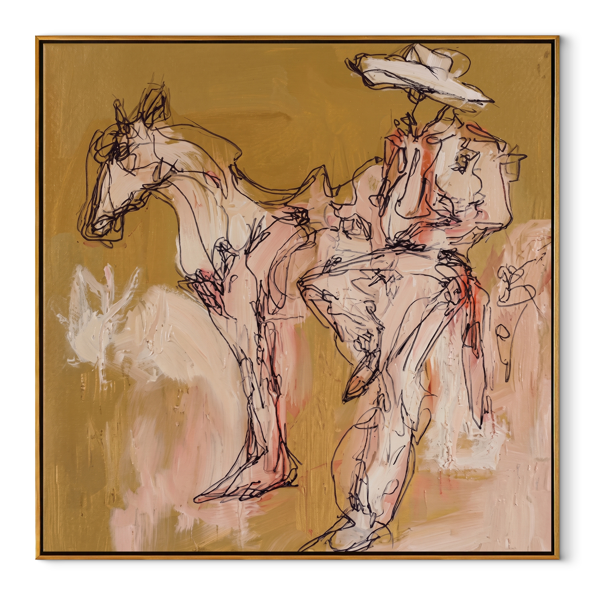 Pale Rider Waits Ochre Western figurative painting, square canvas artwork