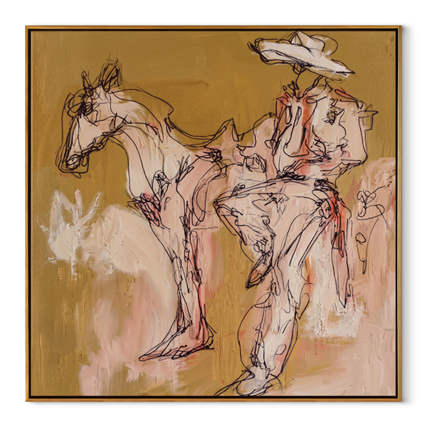 Pale Rider Waits Ochre – Sketch Horse and Rider Painting | Contemporary Western Square Wall Art