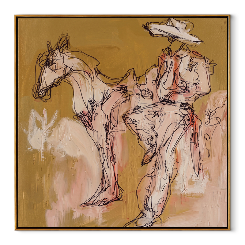 Pale Rider Waits Ochre – Sketch Horse and Rider Painting | Contemporary Western Square Wall Art