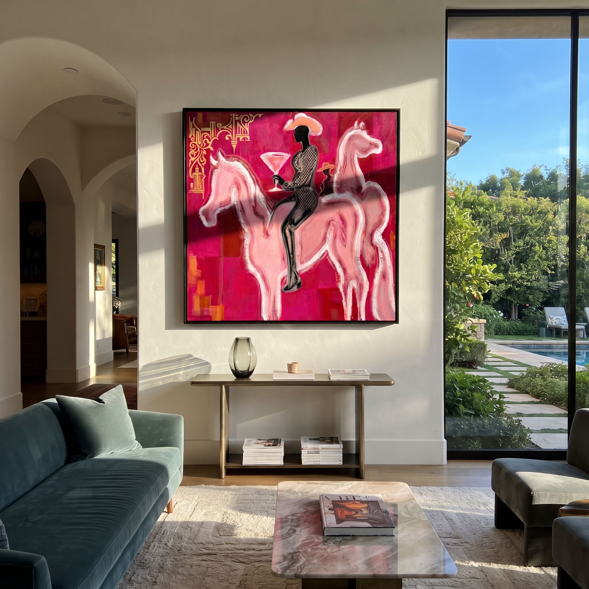 Pink Horses Carry Midnight displayed in a collected contemporary interior