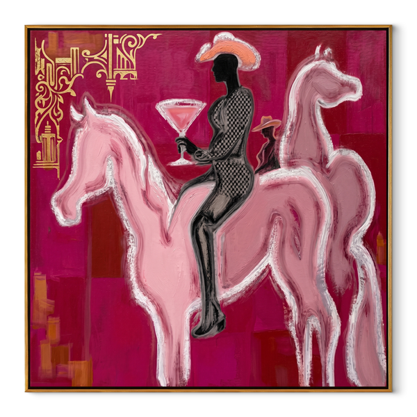 Pink Horses Carry Midnight – Two Pink Horse Rider Painting | Contemporary Western Square Wall Art