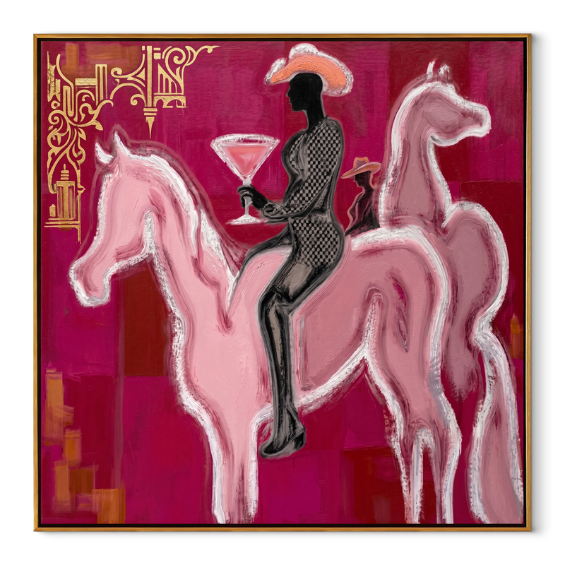 Pink Horses Carry Midnight – Two Pink Horse Rider Painting | Contemporary Western Square Wall Art