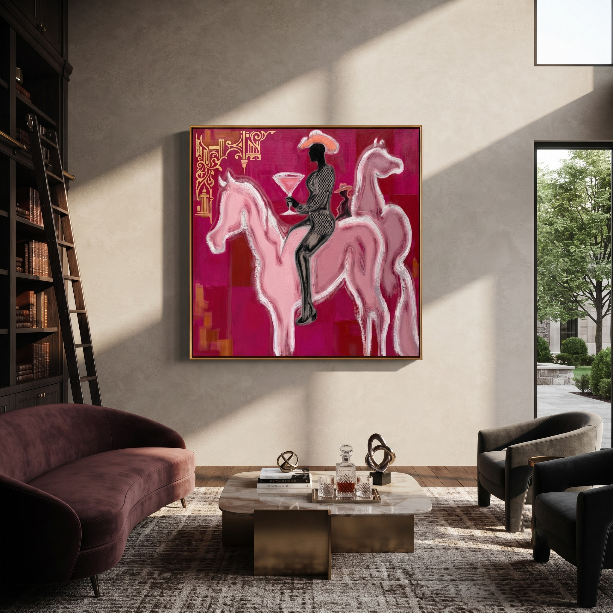 Pink Horses Carry Midnight styled with warm modern furnishings