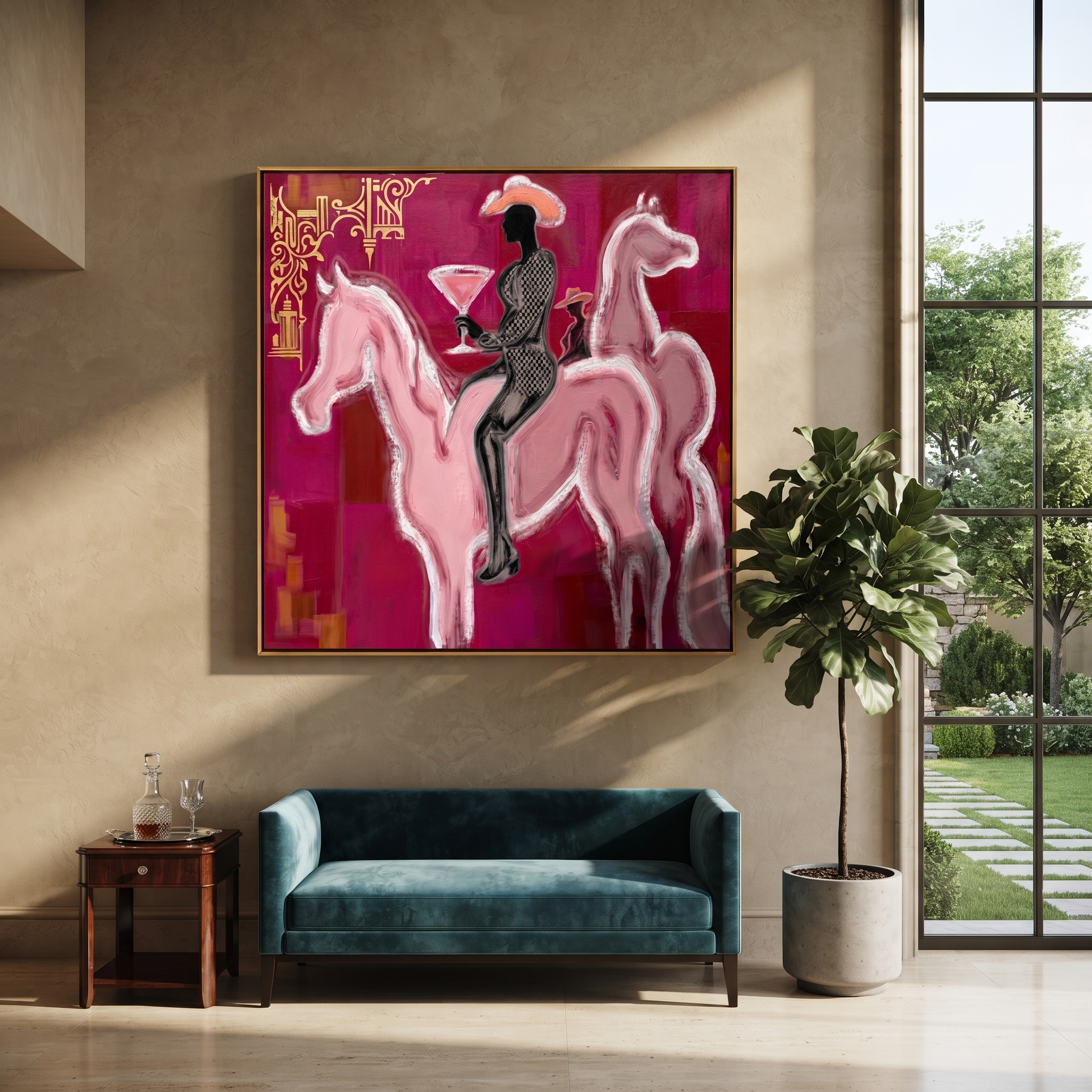 Pink Horses Carry Midnight presented as a colorful interior focal point