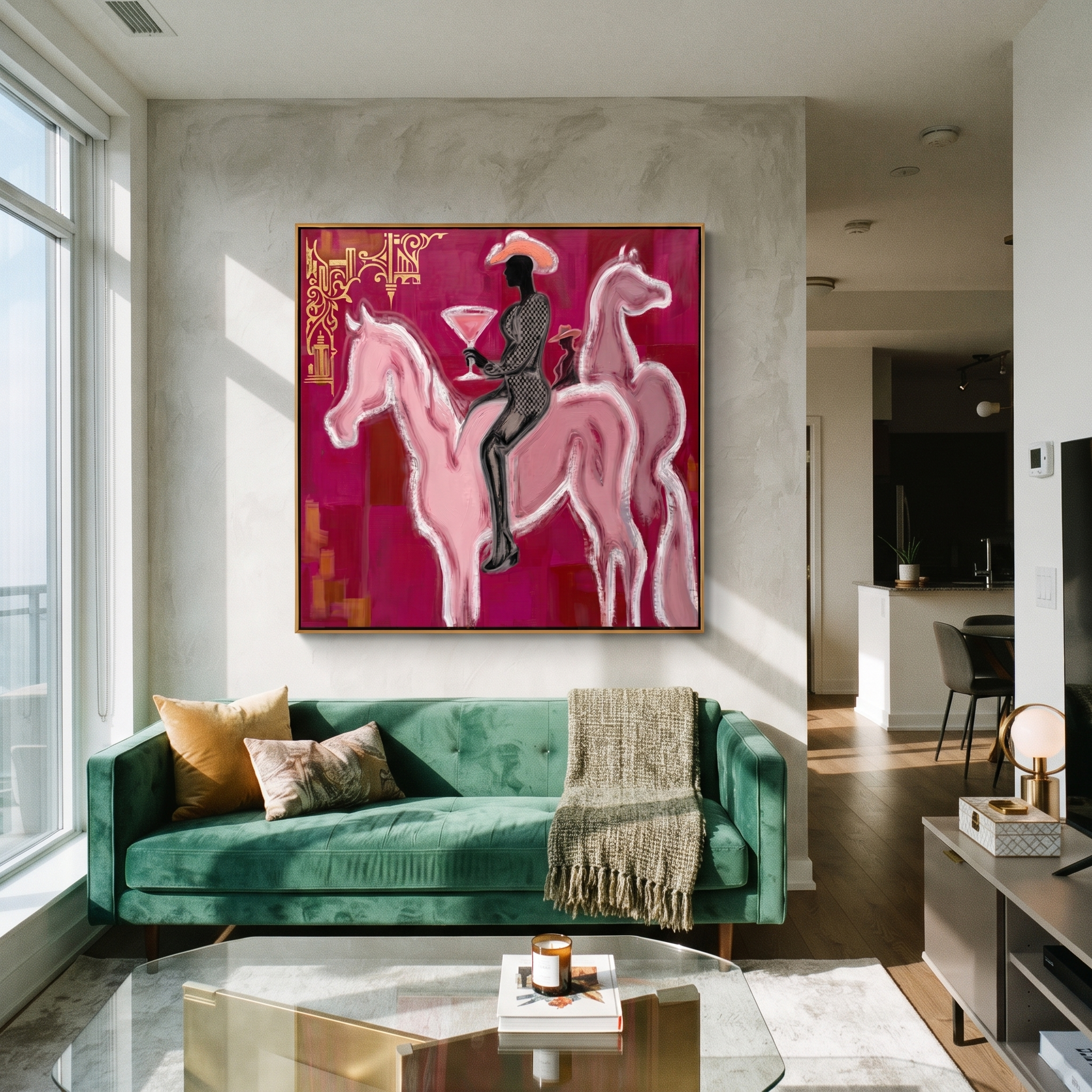 Pink Horses Carry Midnight displayed in a layered residential setting