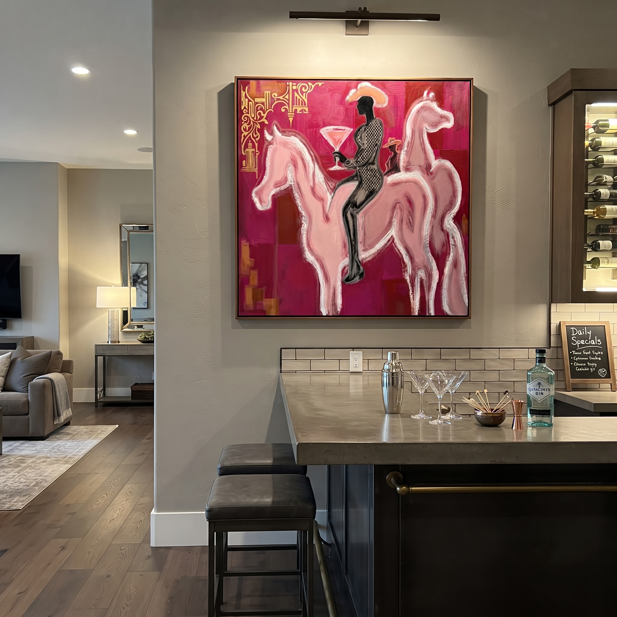 Pink Horses Carry Midnight styled with wood, linen, and modern decor