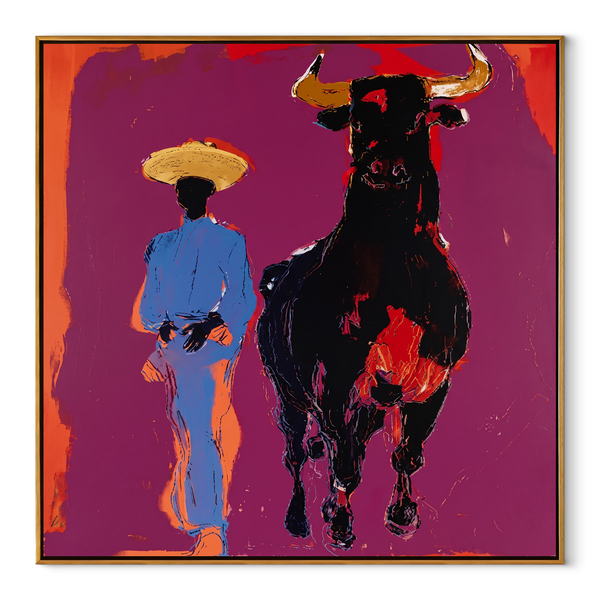Blue Suit Walks Shadow – Cowboy and Black Bull Painting | Contemporary Western Square Wall Art