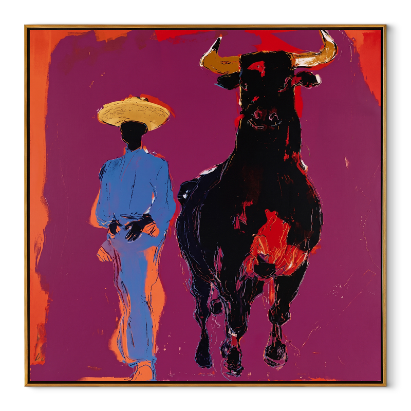 Blue Suit Walks Shadow – Cowboy and Black Bull Painting | Contemporary Western Square Wall Art