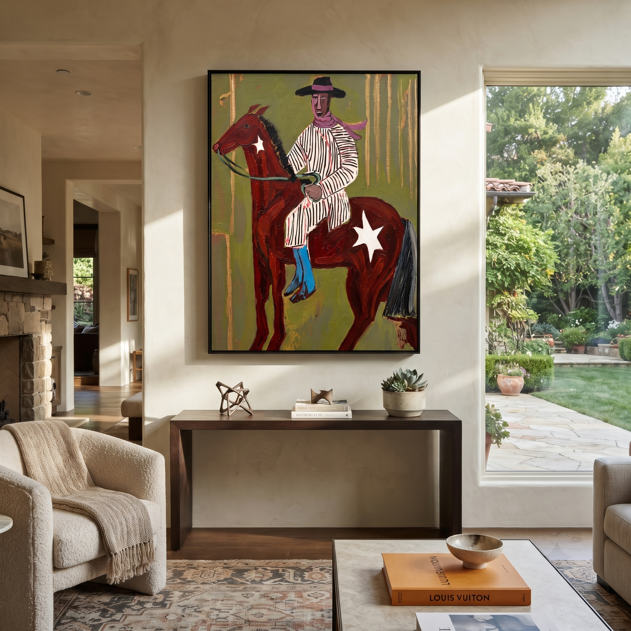 Striped Rider Crosses Olive displayed in a collected contemporary interior