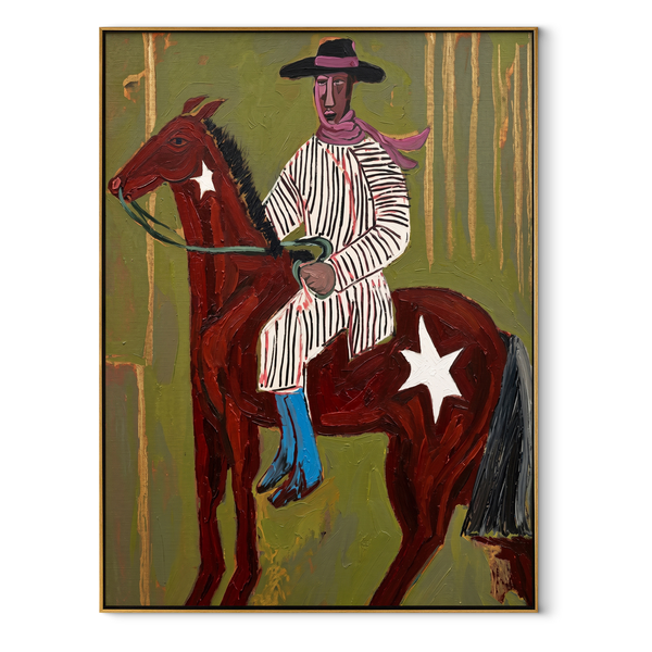 Striped Rider Crosses Olive – Brown Horse Cowboy Painting | Contemporary Western Vertical Wall Art