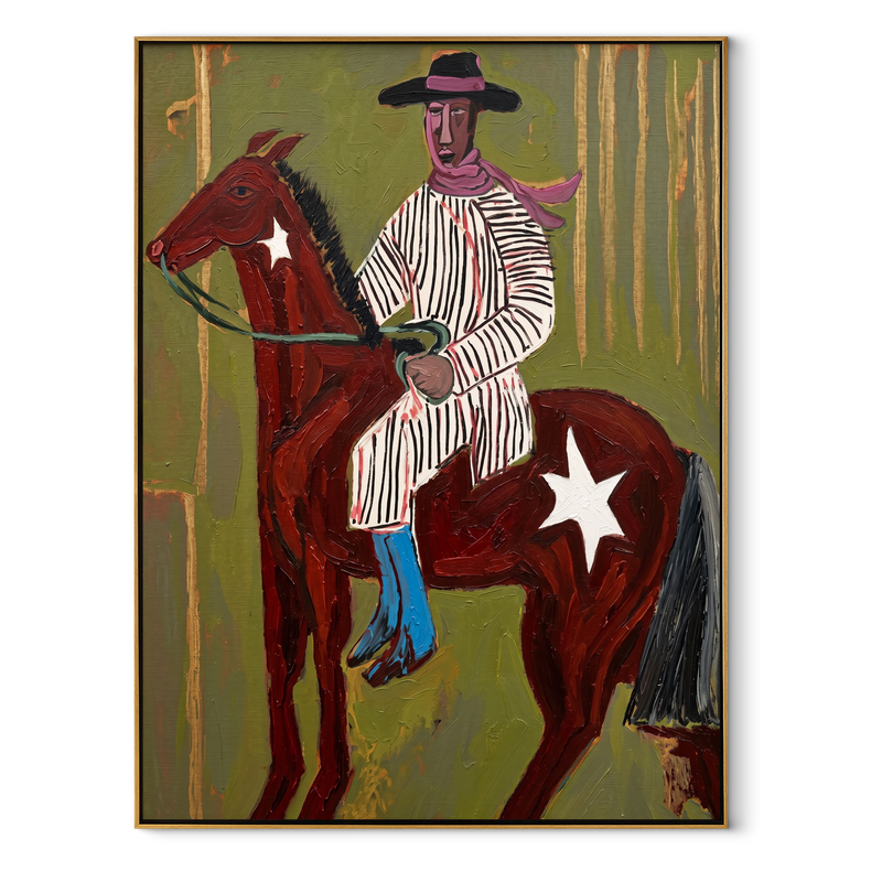 Striped Rider Crosses Olive – Brown Horse Cowboy Painting | Contemporary Western Vertical Wall Art