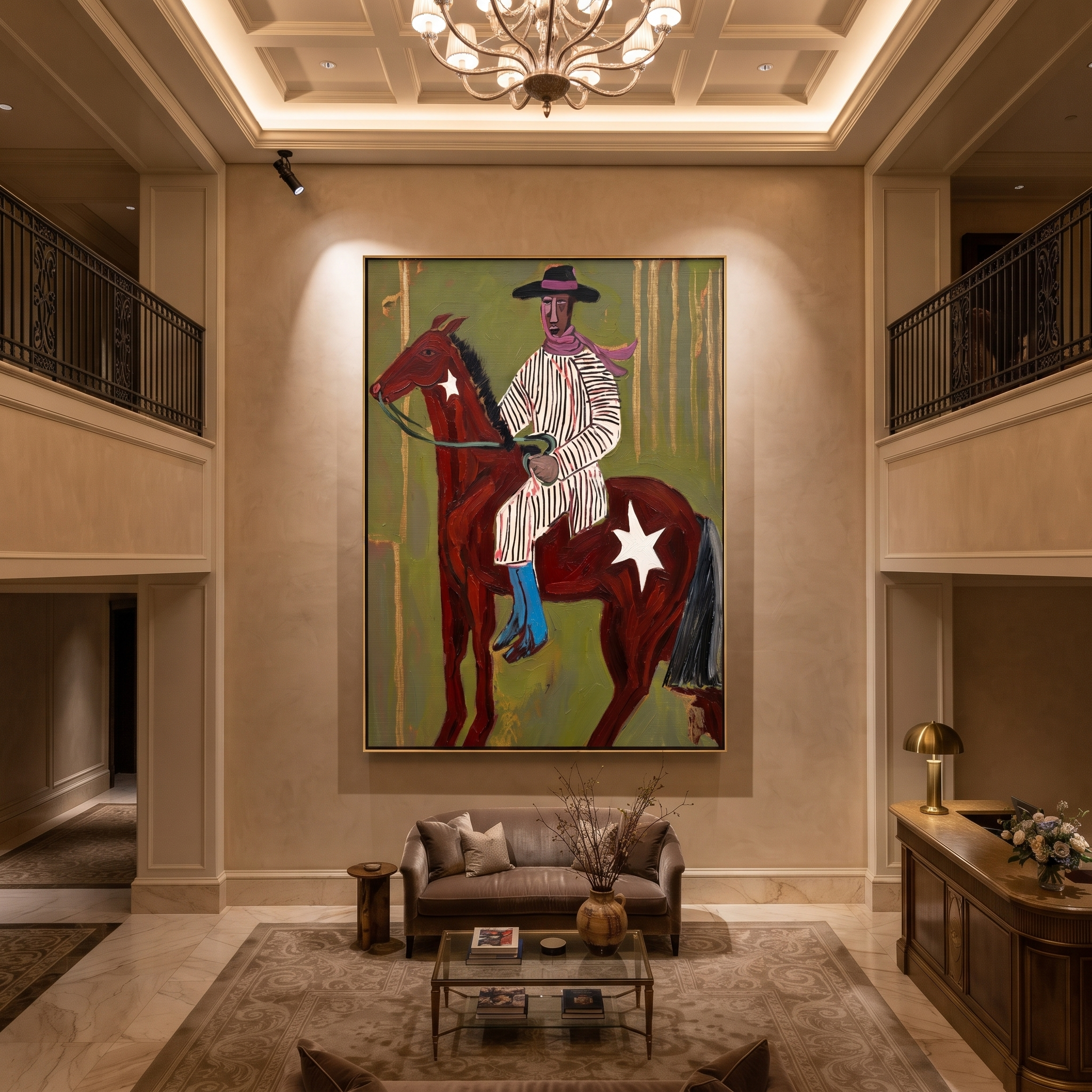 Striped Rider Crosses Olive displayed in a layered residential setting