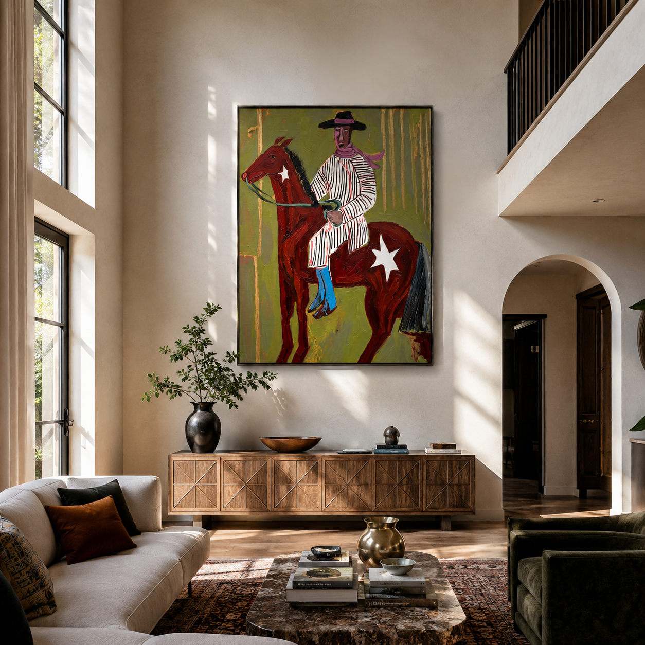 Striped Rider Crosses Olive styled with wood, linen, and modern decor