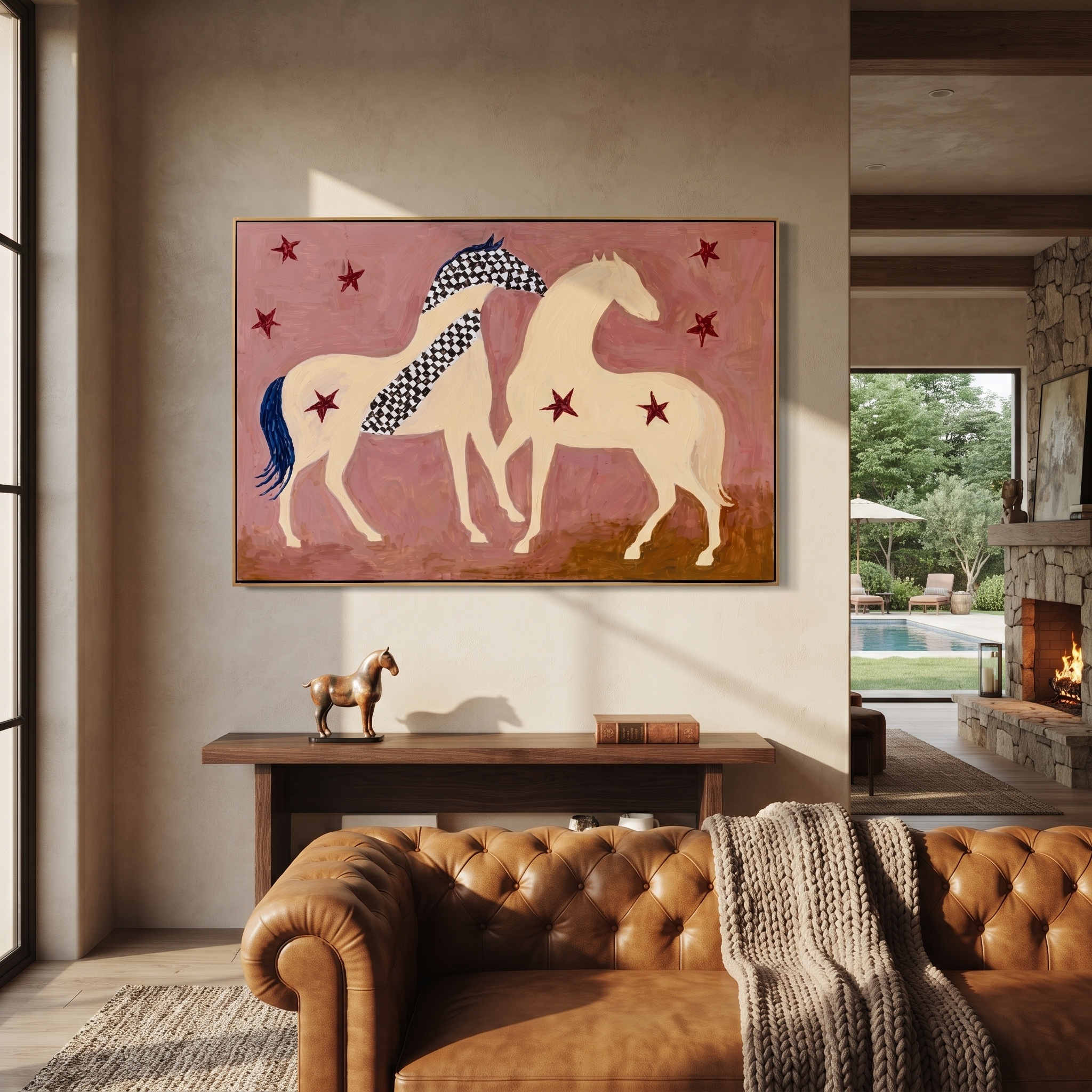 Two Cream Horses Gather displayed in a collected contemporary interior