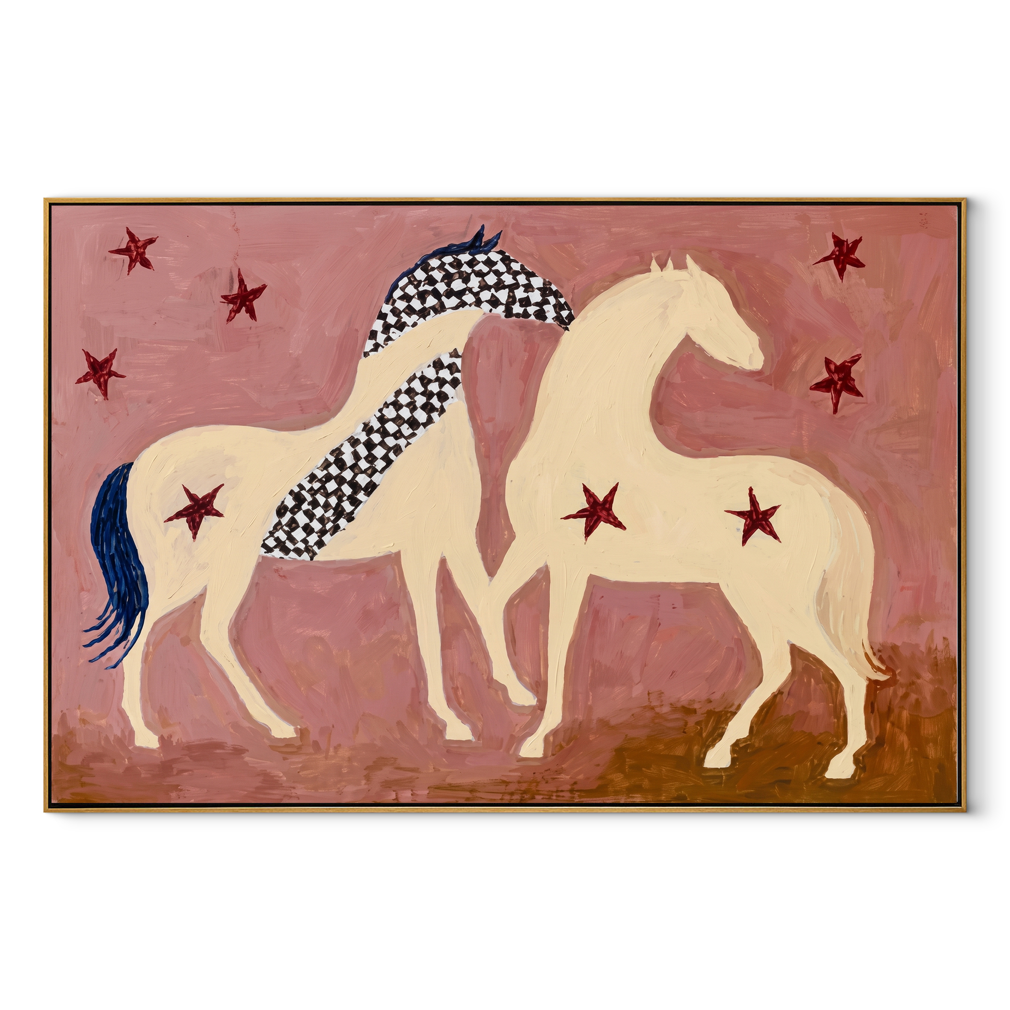 Two Cream Horses Gather Western figurative painting, horizontal canvas artwork