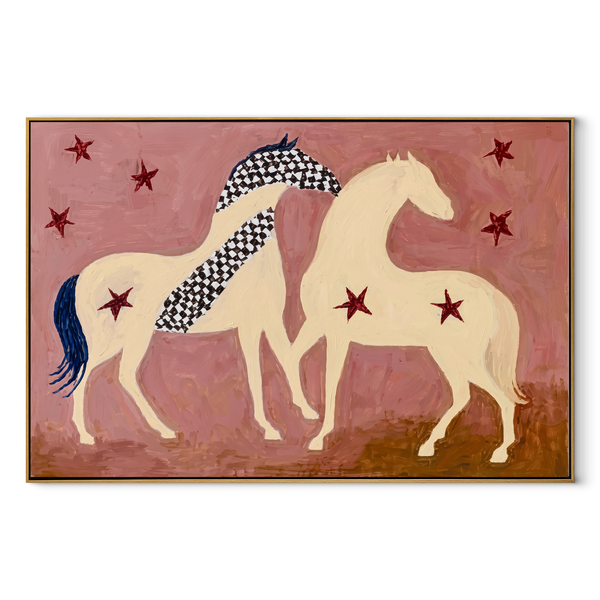 Two Cream Horses Gather – Two Horses Folk Painting | Contemporary Western Horizontal Wall Art