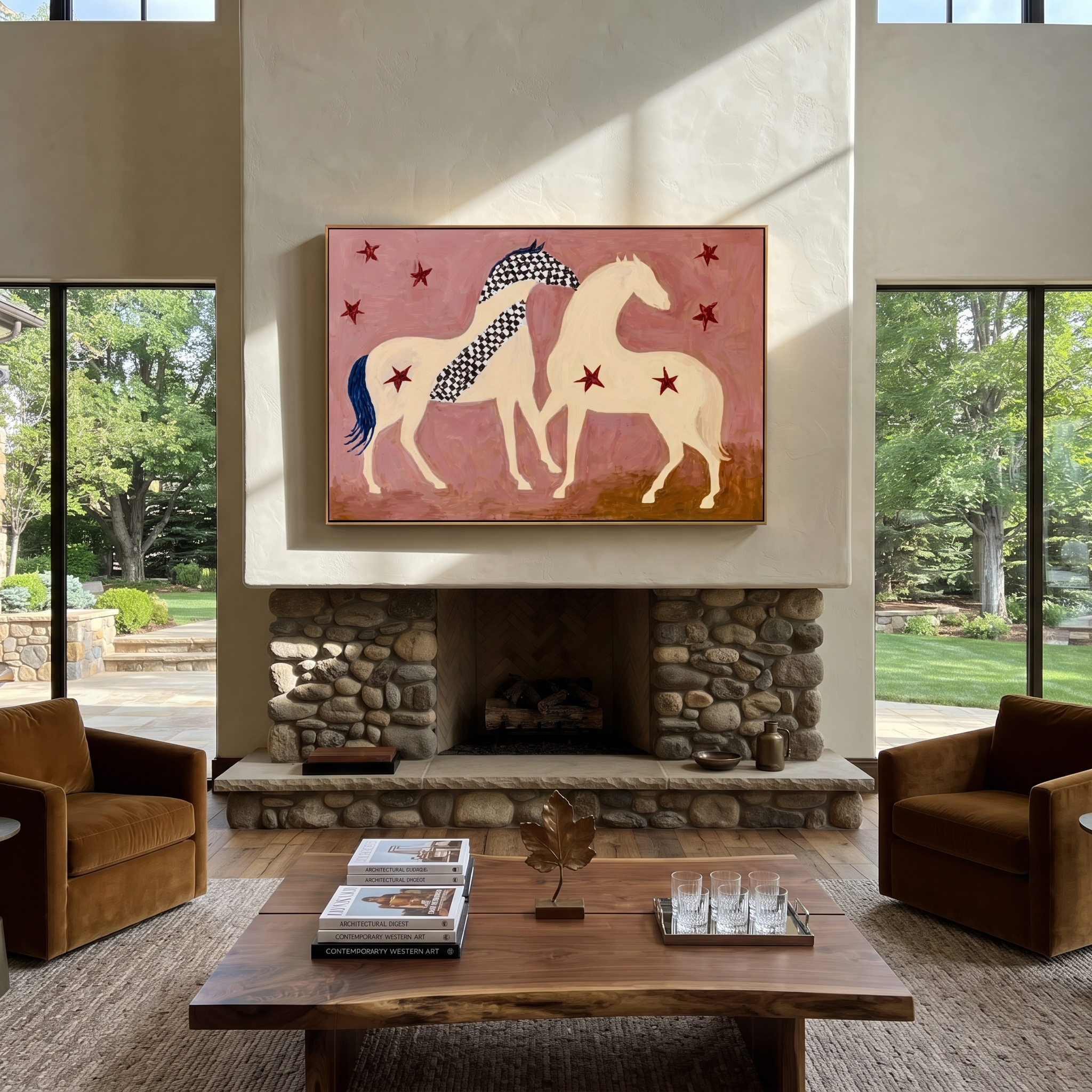 Two Cream Horses Gather styled with warm modern furnishings