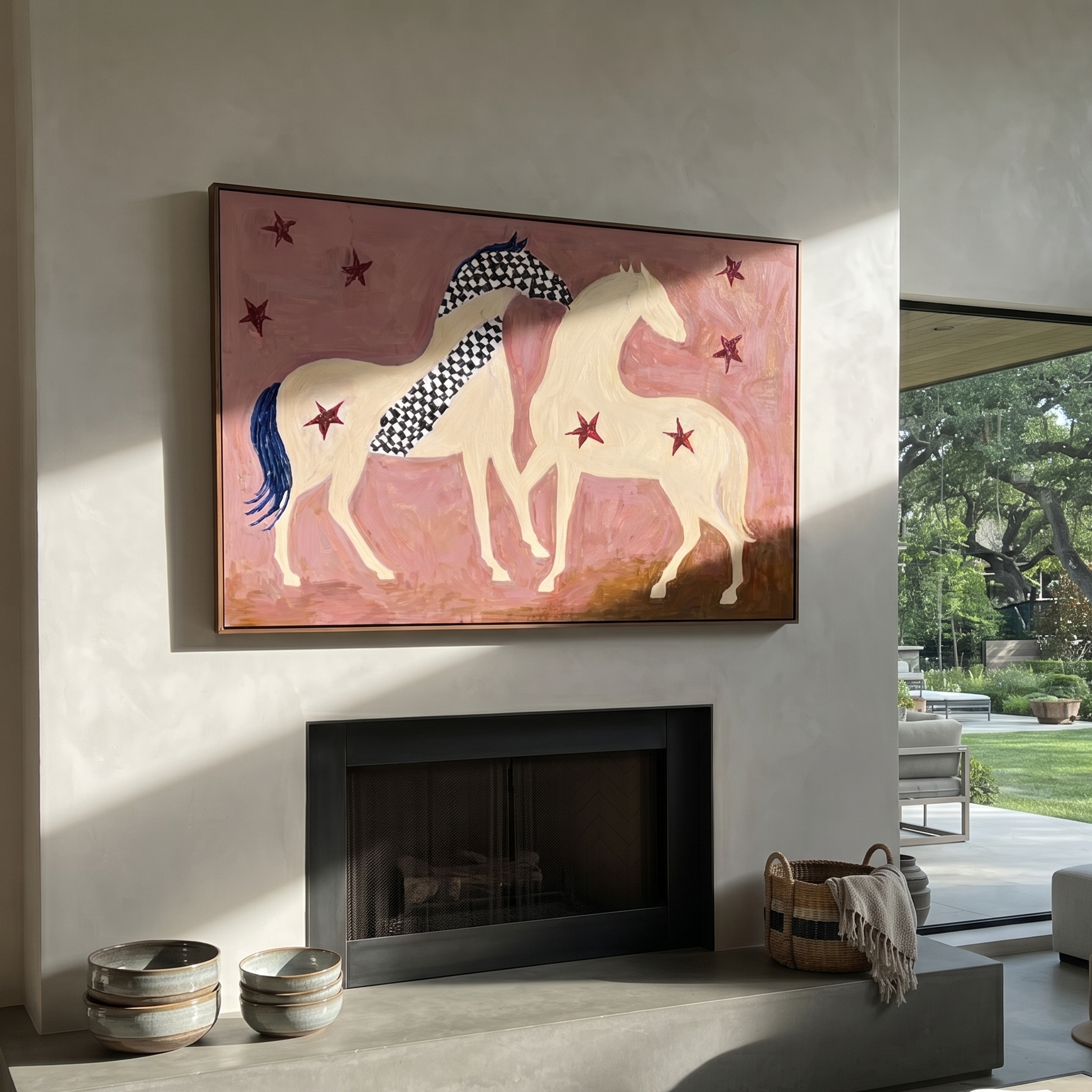Two Cream Horses Gather presented as a colorful interior focal point