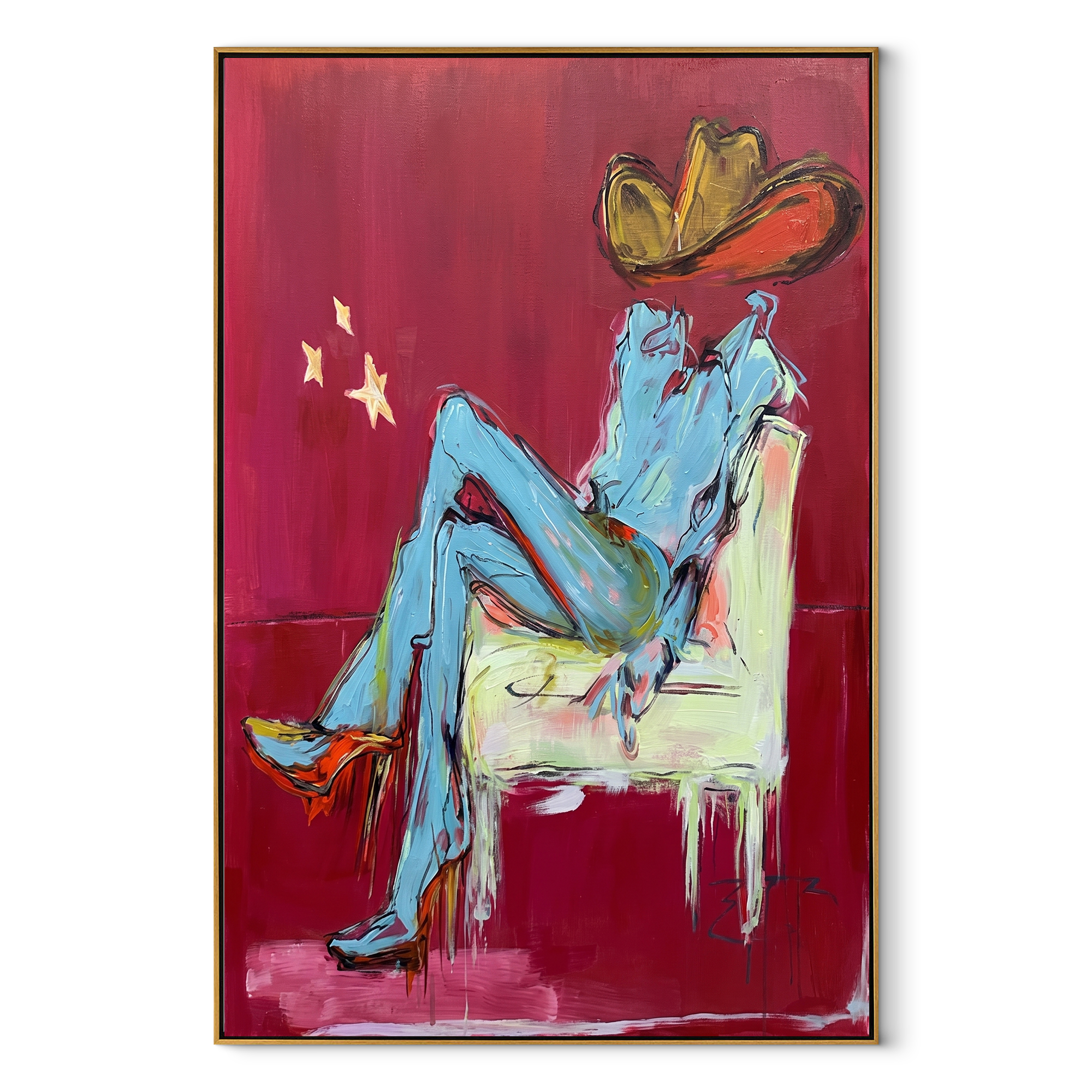Blue Boots Rest Quietly Western figurative painting, vertical canvas artwork