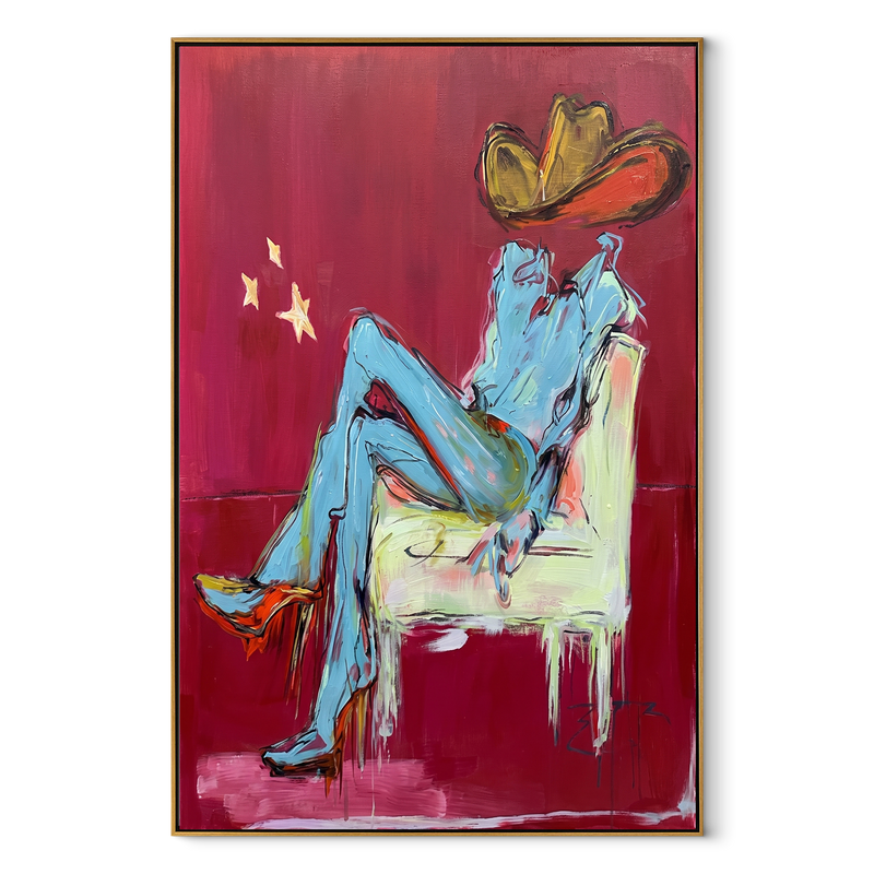 Blue Boots Rest Quietly – Seated Cowboy Portrait Painting | Contemporary Western Vertical Wall Art