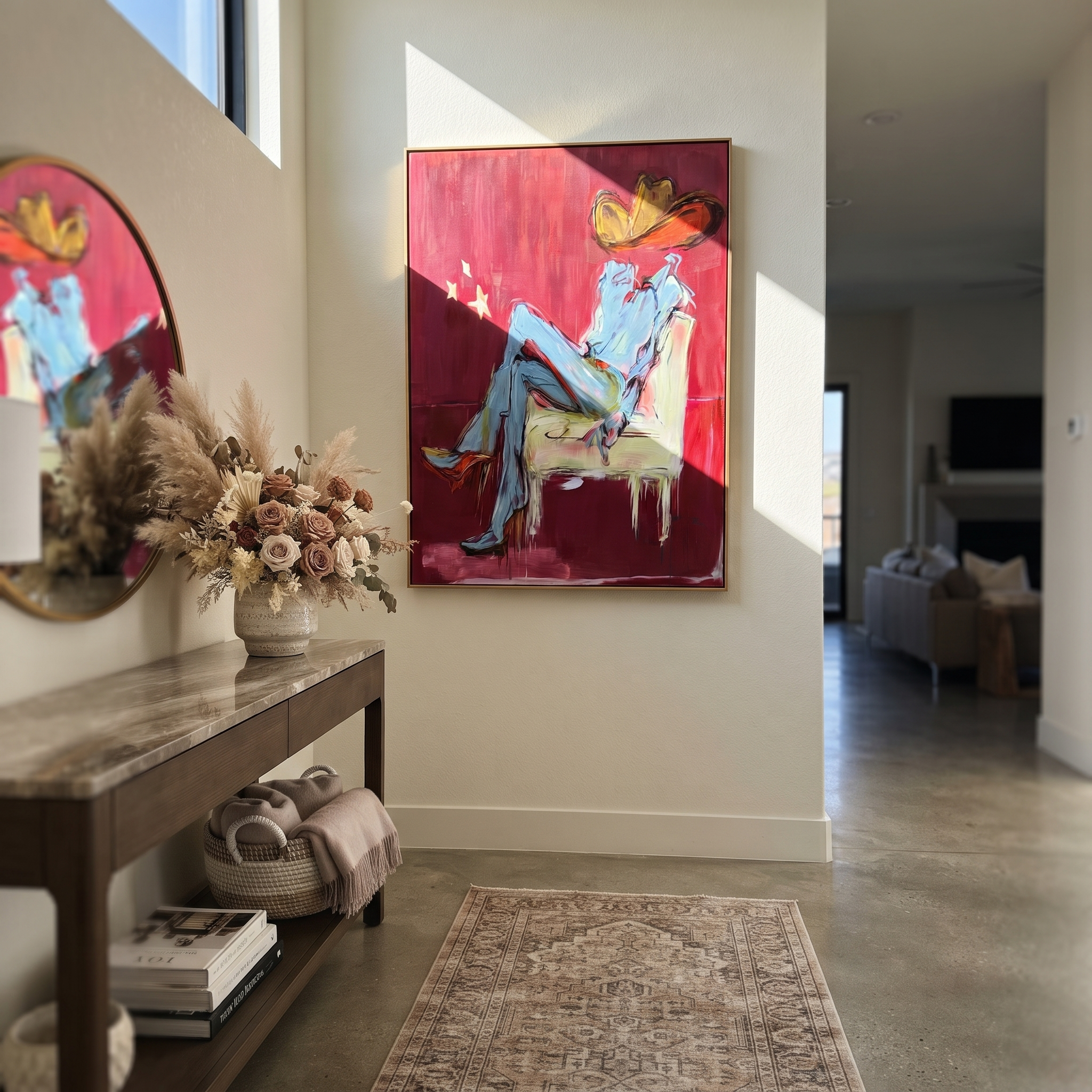 Blue Boots Rest Quietly styled with wood, linen, and modern decor