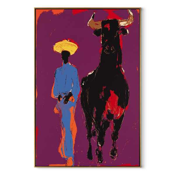 Black Bull Follows Blue – Cowboy and Black Bull Painting | Contemporary Western Vertical Wall Art