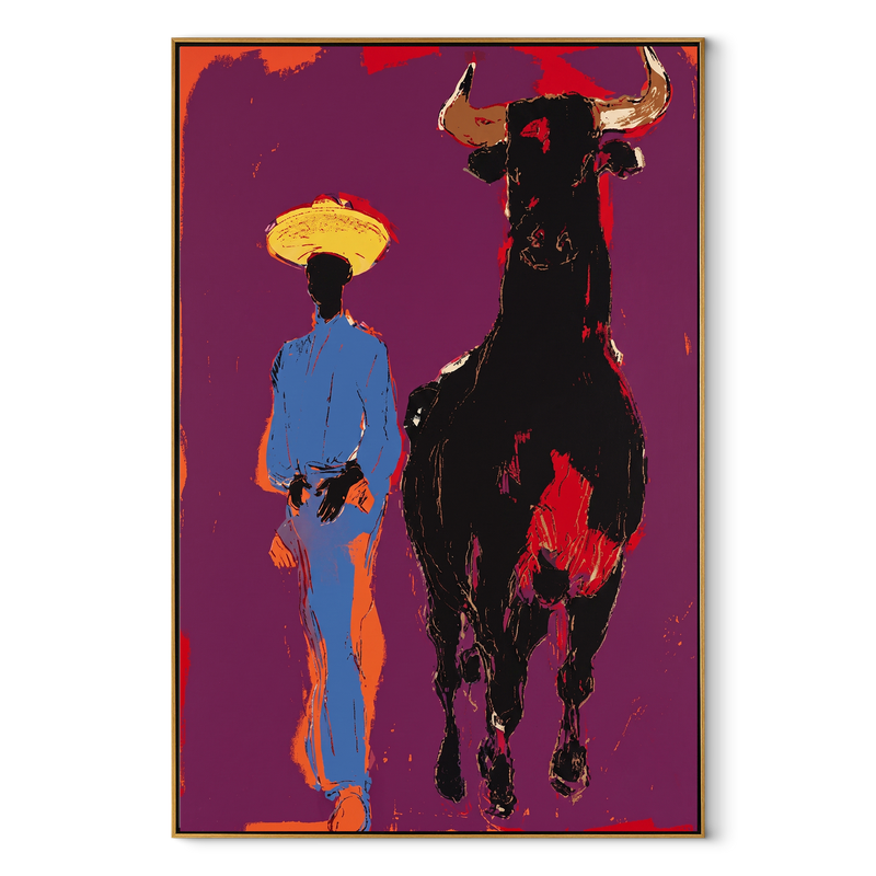 Black Bull Follows Blue – Cowboy and Black Bull Painting | Contemporary Western Vertical Wall Art