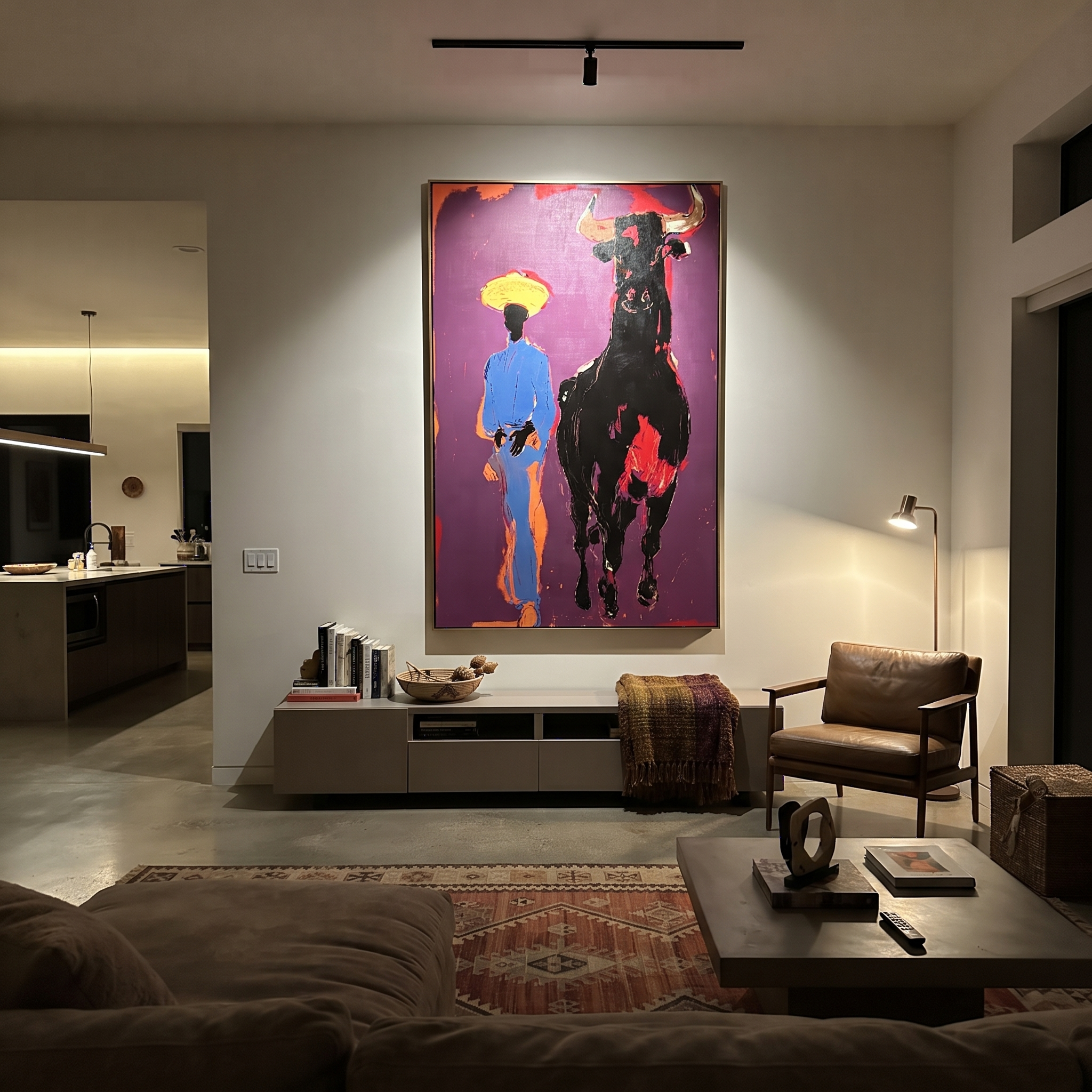 Black Bull Follows Blue displayed in a layered residential setting