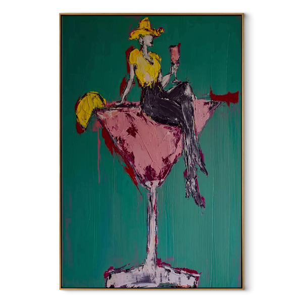 Golden Cowgirl Holds Rose – Cowgirl Martini Glass Painting | Contemporary Western Vertical Wall Art