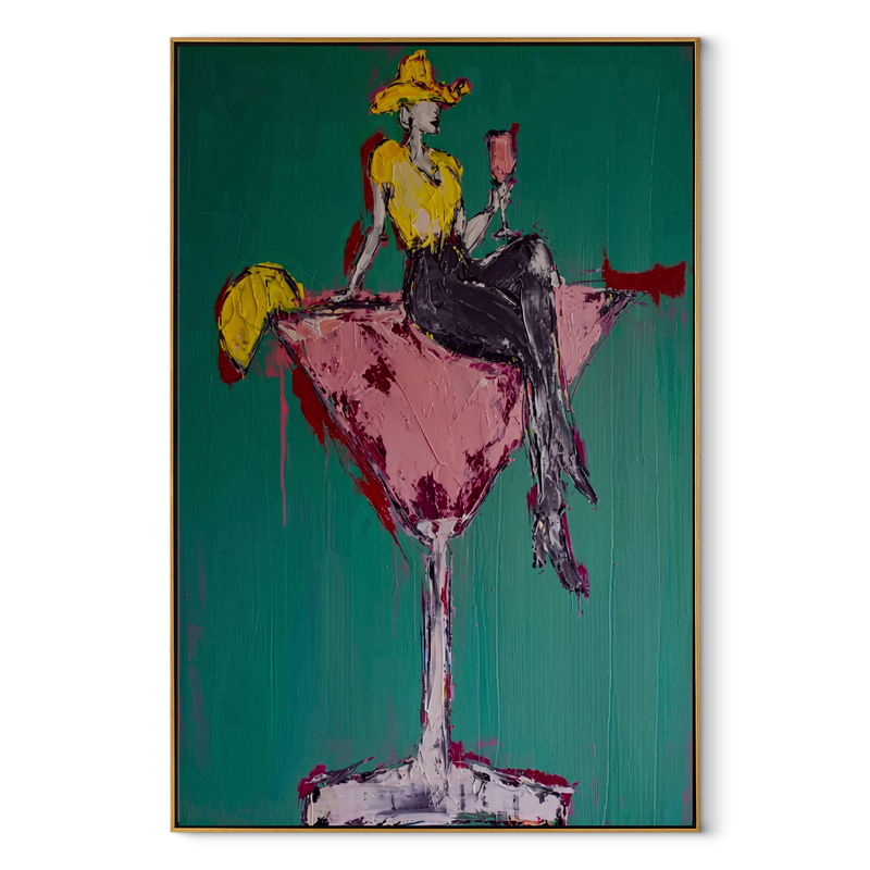 Golden Cowgirl Holds Rose – Cowgirl Martini Glass Painting | Contemporary Western Vertical Wall Art