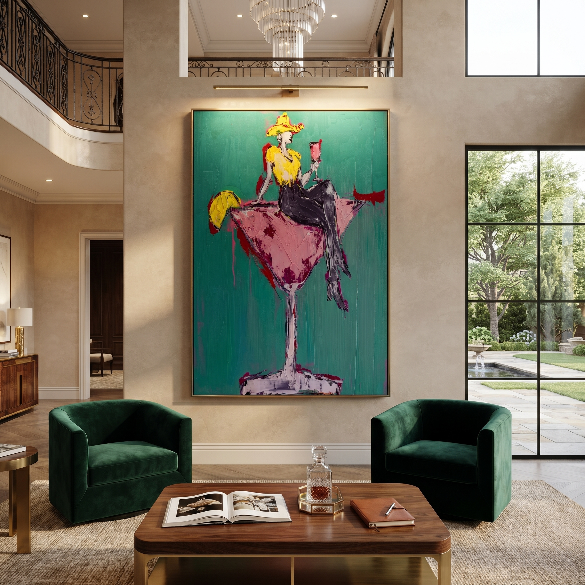 Golden Cowgirl Holds Rose styled with warm modern furnishings