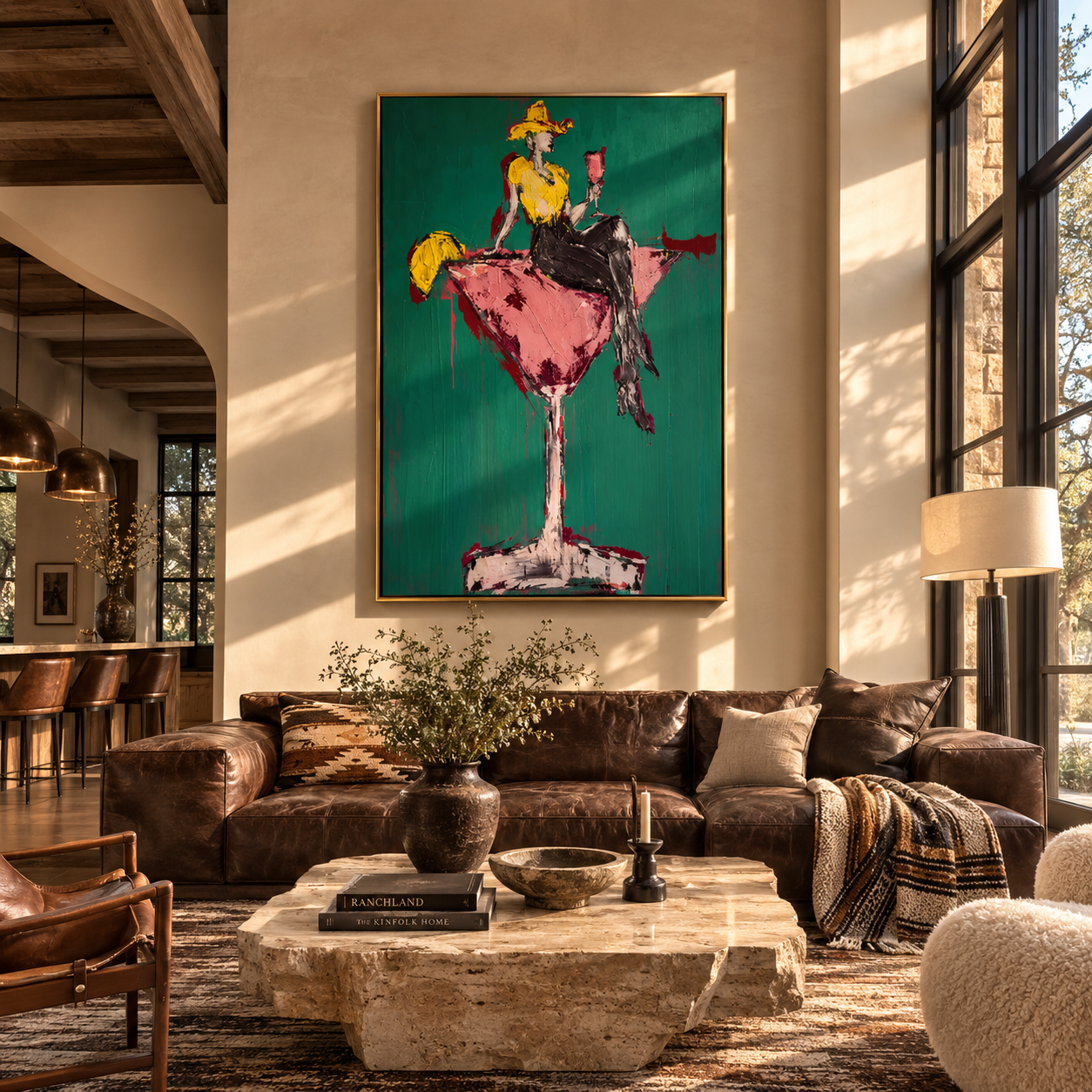 Golden Cowgirl Holds Rose styled with wood, linen, and modern decor
