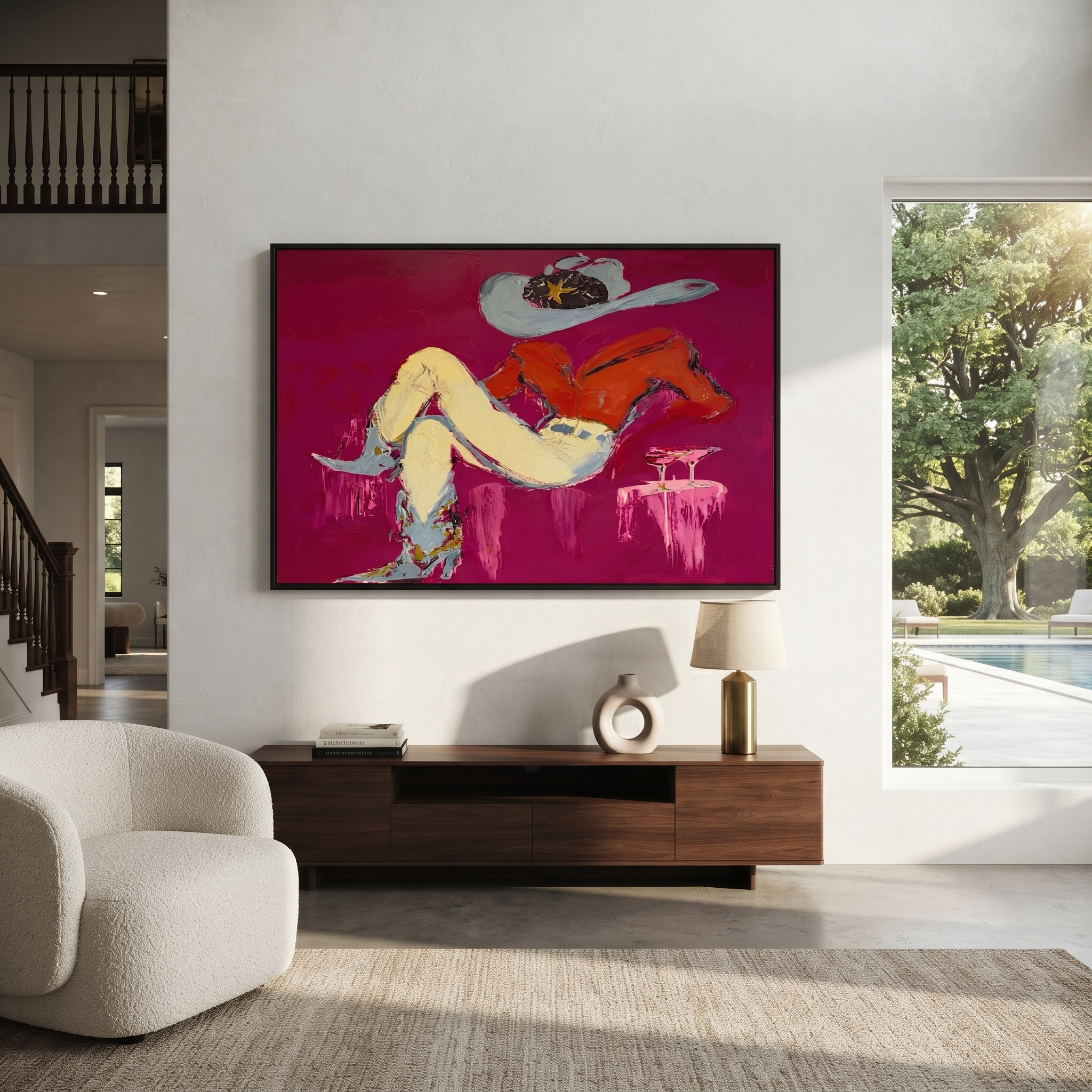 Red Shirt Dreams Sideways displayed in a collected contemporary interior