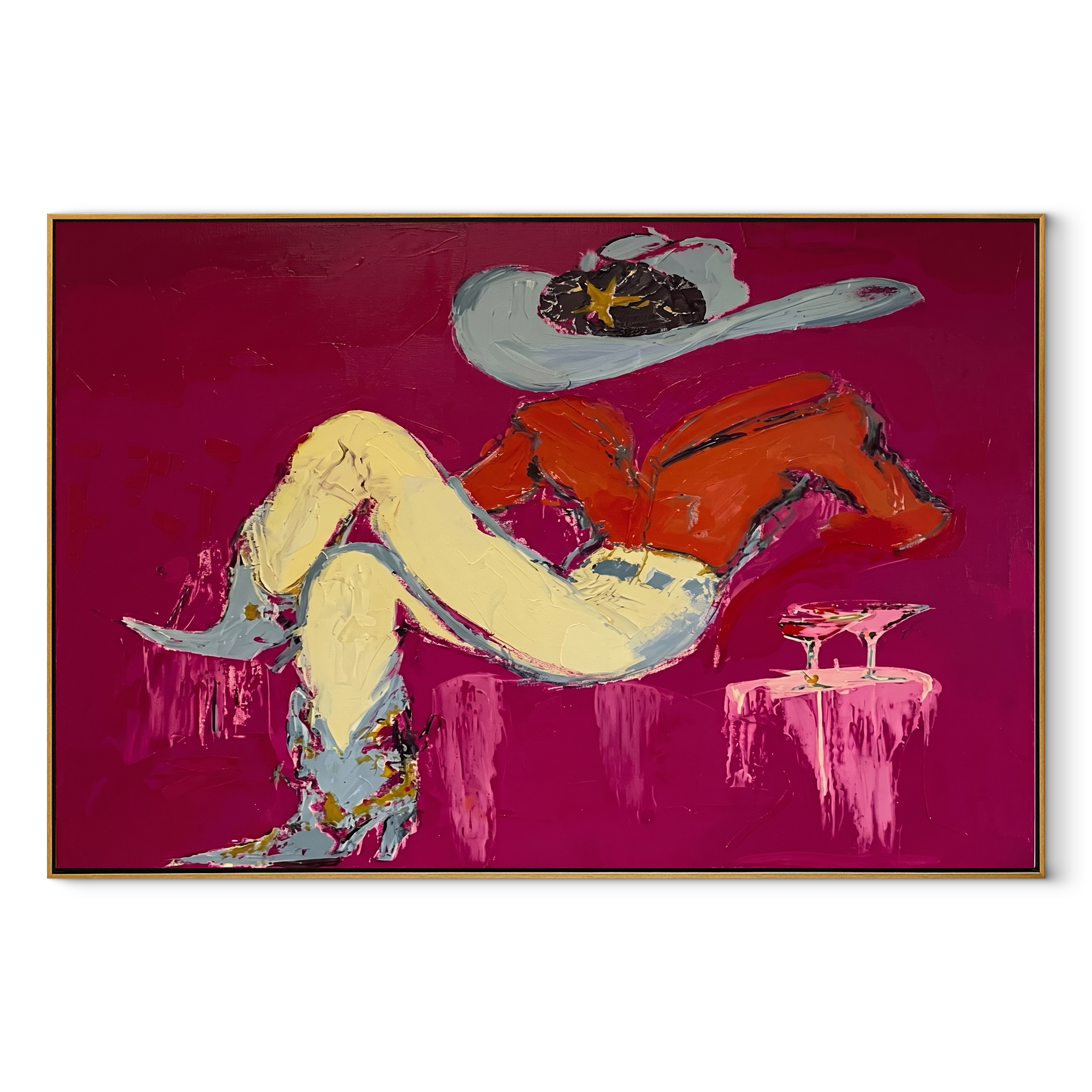 Red Shirt Dreams Sideways Western figurative painting, horizontal canvas artwork
