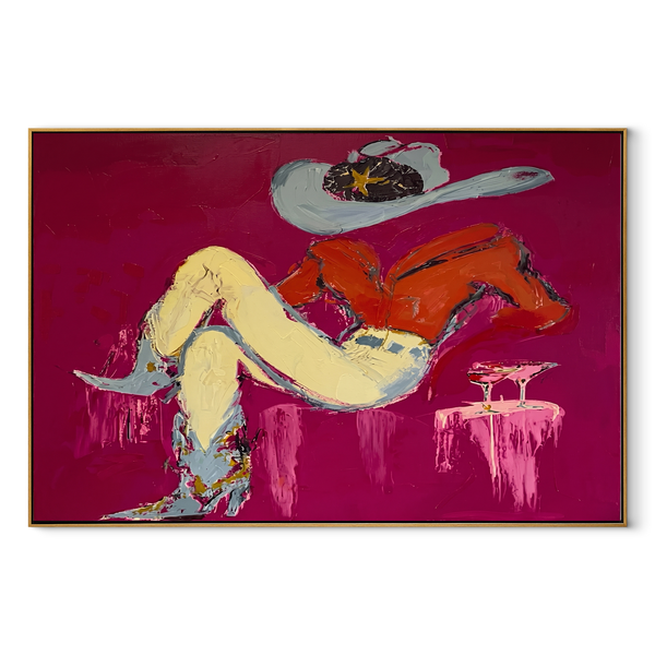Red Shirt Dreams Sideways – Reclining Cowgirl Painting | Contemporary Western Horizontal Wall Art
