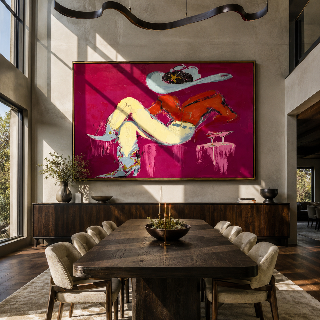 Red Shirt Dreams Sideways displayed in a layered residential setting