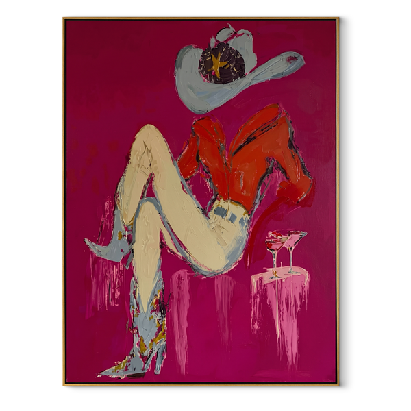 Scarlet Hat Guards Rest – Reclining Cowgirl Painting | Contemporary Western Vertical Wall Art