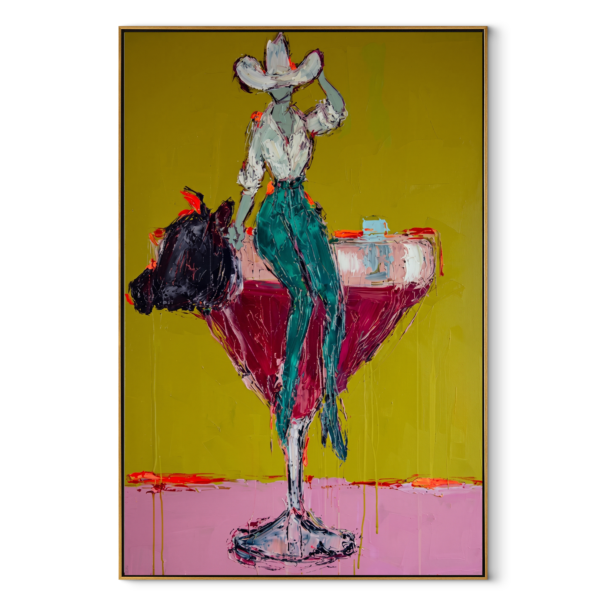 Teal Trousers Balance Gold Western figurative painting, vertical canvas artwork
